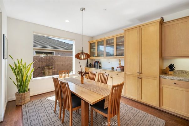 Dining room, Interior, Pendant Lights, Recessed Lighting, Wood Texture Flooring
