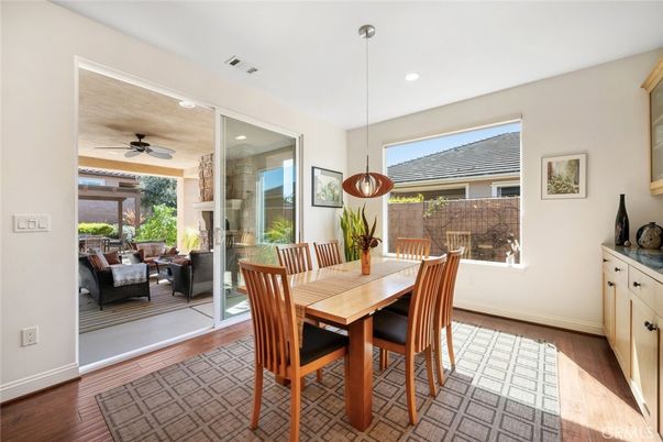 Dining room, Interior, Pendant Lights, Recessed Lighting, Wood Texture Flooring