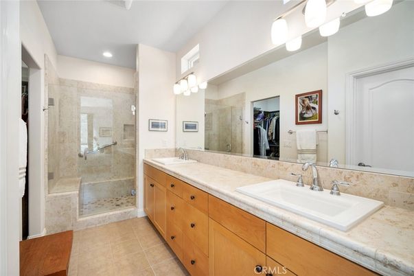 Bathroom, Dual Sink Vanities, Glass Shower, Interior, Recessed Lighting, Tile Countertops