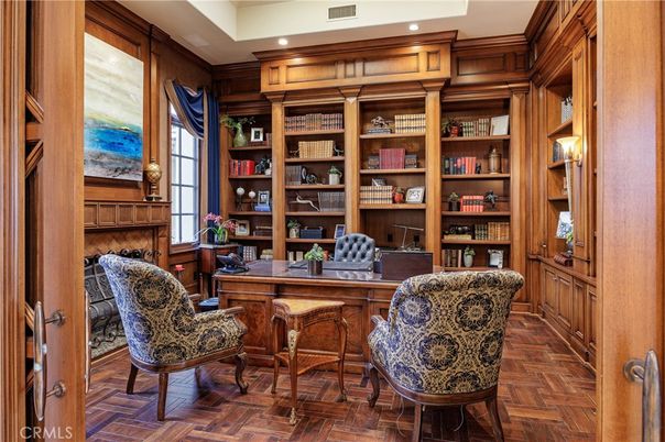 Home Office, Interior, Recessed Lighting, Wood Texture Flooring, Wooden Walls