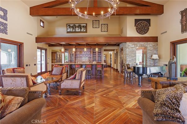 Chandelier, Interior, Living room, Pendant Lights, Piano, Stone Walls, Wooden Beams, Wood Texture Flooring