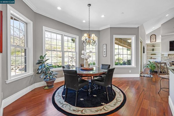 Chandelier, Dining room, Interior, Recessed Lighting, Wood Texture Flooring