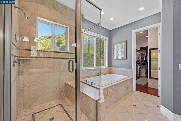 Bathroom, Glass Shower, Interior, Recessed Lighting, Wood Texture Flooring