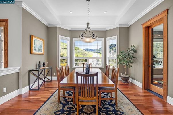 Dining room, Interior, Pendant Lights, Recessed Lighting, Wood Texture Flooring