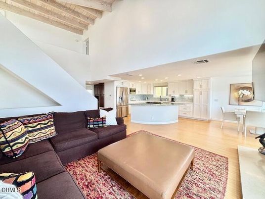Dining room, Interior, Kitchen, Living room, Recessed Lighting, Stainless Steel Appliances, Wooden Beams, Wooden Ceilings, Wood Texture Flooring