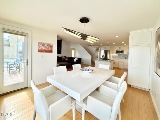 Dining room, Interior, Kitchen, Pendant Lights, Recessed Lighting, Wood Texture Flooring