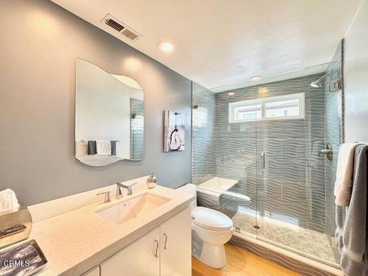 Bathroom, Glass Shower, Interior, Recessed Lighting, Wood Texture Flooring