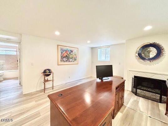 Fireplace, Home Office, Interior, Recessed Lighting, Wood Texture Flooring