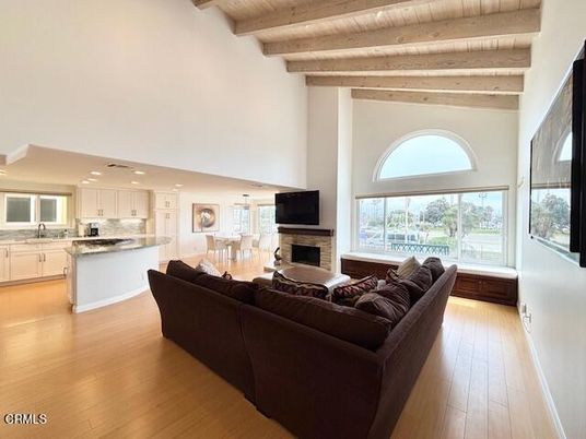 Fireplace, Interior, Kitchen, Living room, Pendant Lights, Recessed Lighting, Wooden Beams, Wooden Ceilings, Wood Texture Flooring
