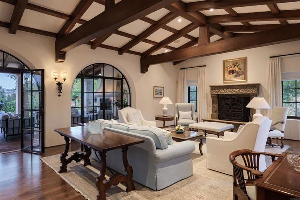 Fireplace, Interior, Living room, Recessed Lighting, Wooden Beams, Wood Texture Flooring