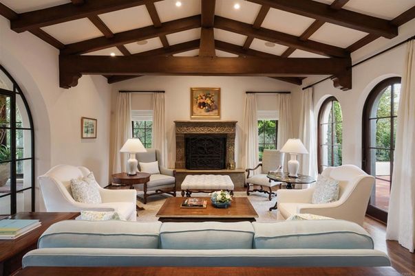 Fireplace, Interior, Living room, Recessed Lighting, Wooden Beams, Wood Texture Flooring
