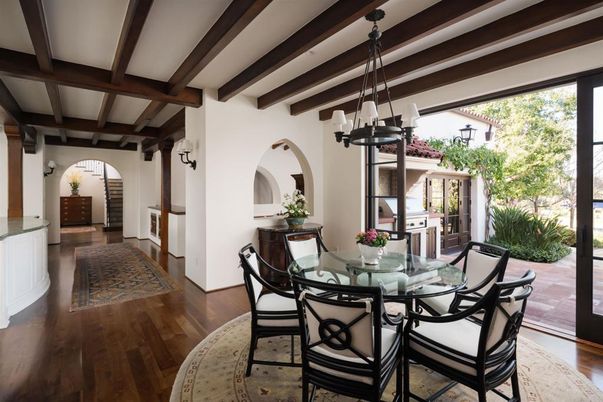 Dining room, Interior, Pendant Lights, Wooden Beams, Wood Texture Flooring