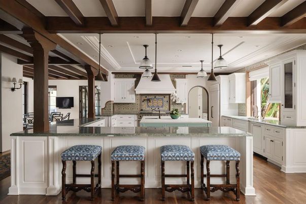 Interior, Kitchen, Pendant Lights, Recessed Lighting, Wooden Beams, Wood Texture Flooring
