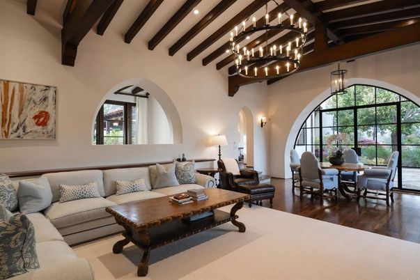 Chandelier, Dining room, Interior, Living room, Pendant Lights, Recessed Lighting, Wooden Beams, Wood Texture Flooring