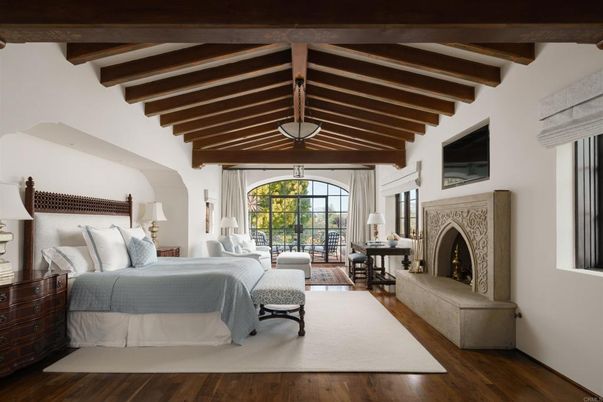 Bedroom, Fireplace, Interior, Wooden Beams, Wood Texture Flooring