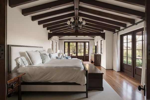 Bedroom, Chandelier, Interior, Wooden Beams, Wood Texture Flooring