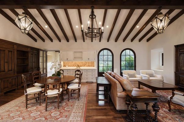 Chandelier, Dining room, Interior, Kitchen, Living room, Recessed Lighting, Wooden Beams, Wood Texture Flooring