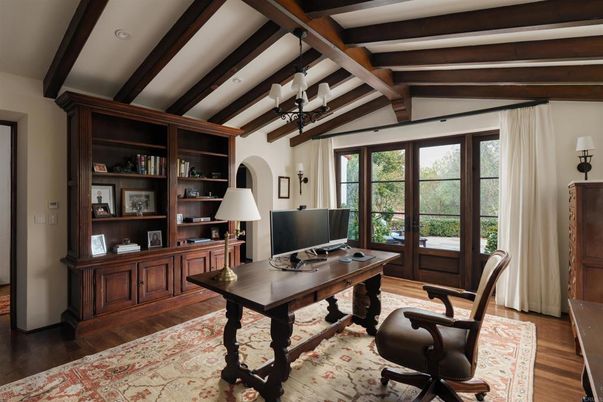 Chandelier, Home Office, Interior, Wooden Beams, Wood Texture Flooring