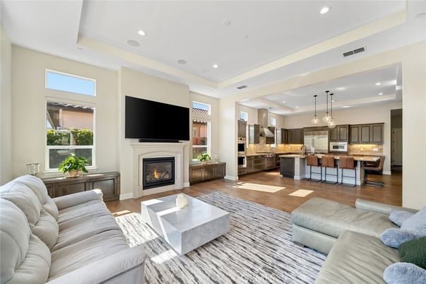 Fireplace, Interior, Kitchen, Living room, Pendant Lights, Recessed Lighting, Stainless Steel Appliances, Wood Texture Flooring