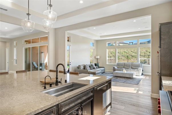 Interior, Kitchen, Living room, Pendant Lights, Recessed Lighting, Wood Texture Flooring