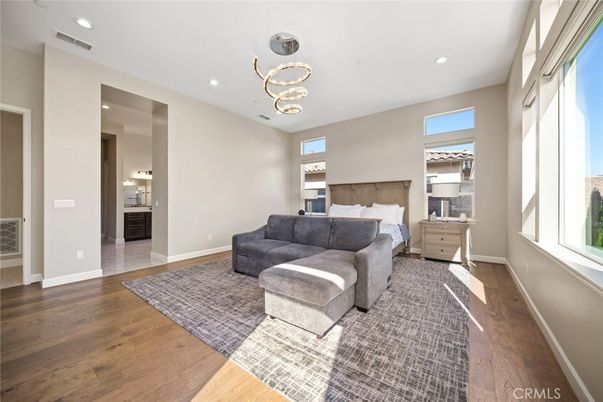 Bedroom, Interior, Pendant Lights, Recessed Lighting, Wood Texture Flooring