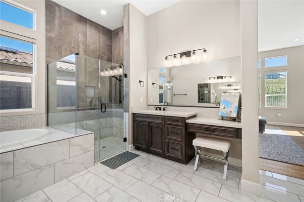 Bathroom, Dual Sink Vanities, Glass Shower, Interior, Marble, Recessed Lighting