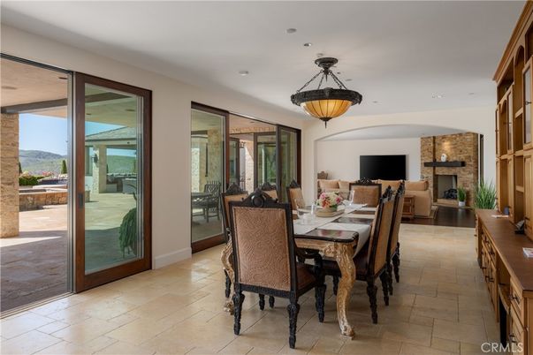 Dining room, Fireplace, Interior, Pendant Lights, Recessed Lighting, Stone Walls