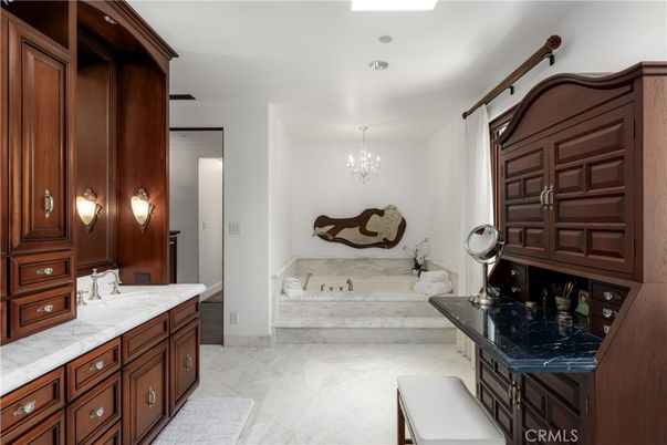Bathroom, Chandelier, Dual Sink Vanities, Interior, Marble, Recessed Lighting