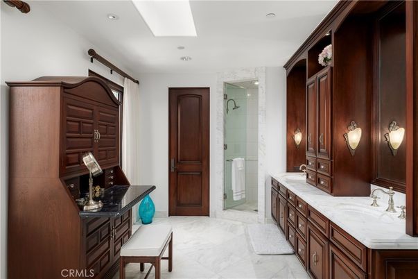 Bathroom, Dual Sink Vanities, Glass Shower, Interior, Marble, Recessed Lighting