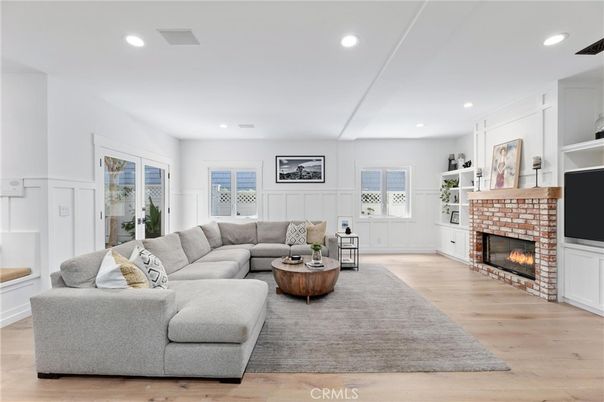 Fireplace, Interior, Living room, Recessed Lighting, Wood Texture Flooring