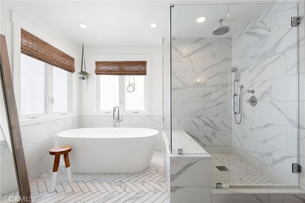 Bathroom, Free Standing Baths, Glass Shower, Interior, Marble, Marble Walls, Recessed Lighting