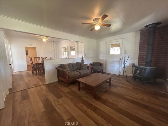 Dining room, Fireplace, Interior, Living room, Stone Walls, Wood Texture Flooring