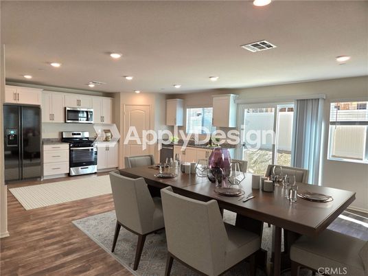 Dining room, Interior, Kitchen, Recessed Lighting, Stainless Steel Appliances, Wood Texture Flooring