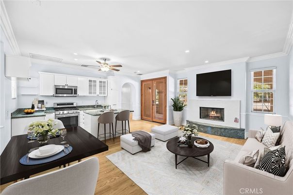 Fireplace, Interior, Kitchen, Living room, Recessed Lighting, Stainless Steel Appliances, Wood Texture Flooring