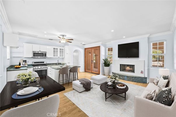Fireplace, Interior, Kitchen, Living room, Recessed Lighting, Stainless Steel Appliances, Wood Texture Flooring