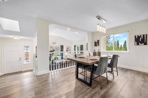 Dining room, Interior, Pendant Lights, Recessed Lighting, Wood Texture Flooring