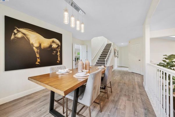 Dining room, Interior, Pendant Lights, Recessed Lighting, Wood Texture Flooring