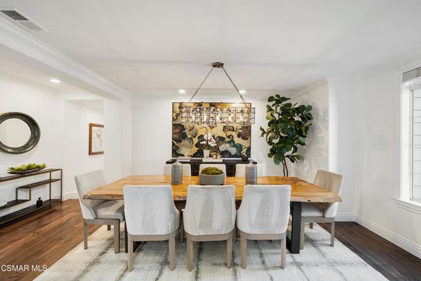 Dining room, Interior, Pendant Lights, Recessed Lighting, Wood Texture Flooring