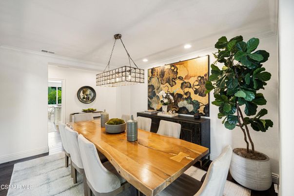 Dining room, Interior, Pendant Lights, Recessed Lighting, Wood Texture Flooring