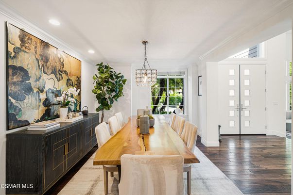 Dining room, Interior, Pendant Lights, Recessed Lighting, Wood Texture Flooring