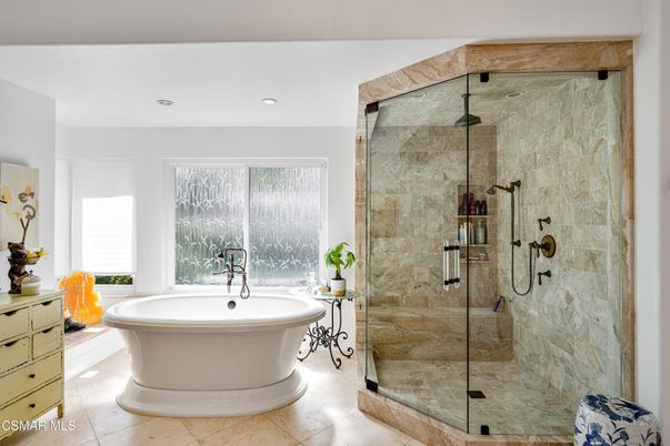 Bathroom, Free Standing Baths, Glass Shower, Interior, Recessed Lighting