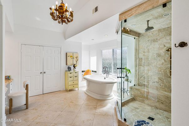 Bathroom, Chandelier, Free Standing Baths, Glass Shower, Interior, Recessed Lighting