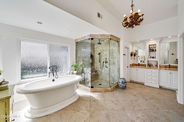 Bathroom, Chandelier, Free Standing Baths, Glass Shower, Interior, Recessed Lighting
