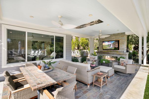 Exterior, Fireplace, Recessed Lighting, Stone Walls