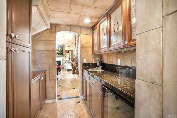 Fireplace, Interior, Kitchen, Recessed Lighting, Stone Walls