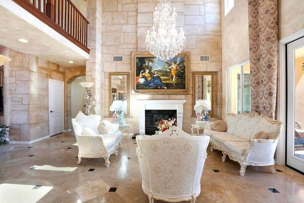 Chandelier, Fireplace, Interior, Living room, Recessed Lighting, Stone Walls