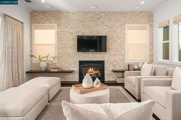 Fireplace, Interior, Living room, Recessed Lighting, Stone Walls