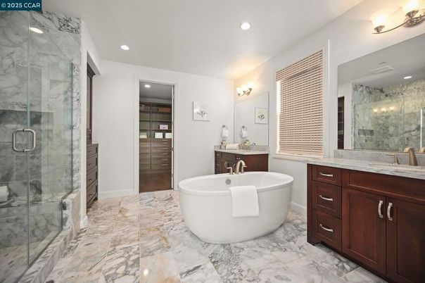 Bathroom, Dual Sink Vanities, Free Standing Baths, Glass Shower, Interior, Marble, Marble Walls, Recessed Lighting