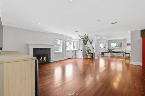 Empty room, Fireplace, Interior, Recessed Lighting, Wood Texture Flooring