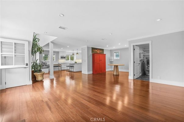 Empty room, Interior, Kitchen, Pendant Lights, Recessed Lighting, Wood Texture Flooring